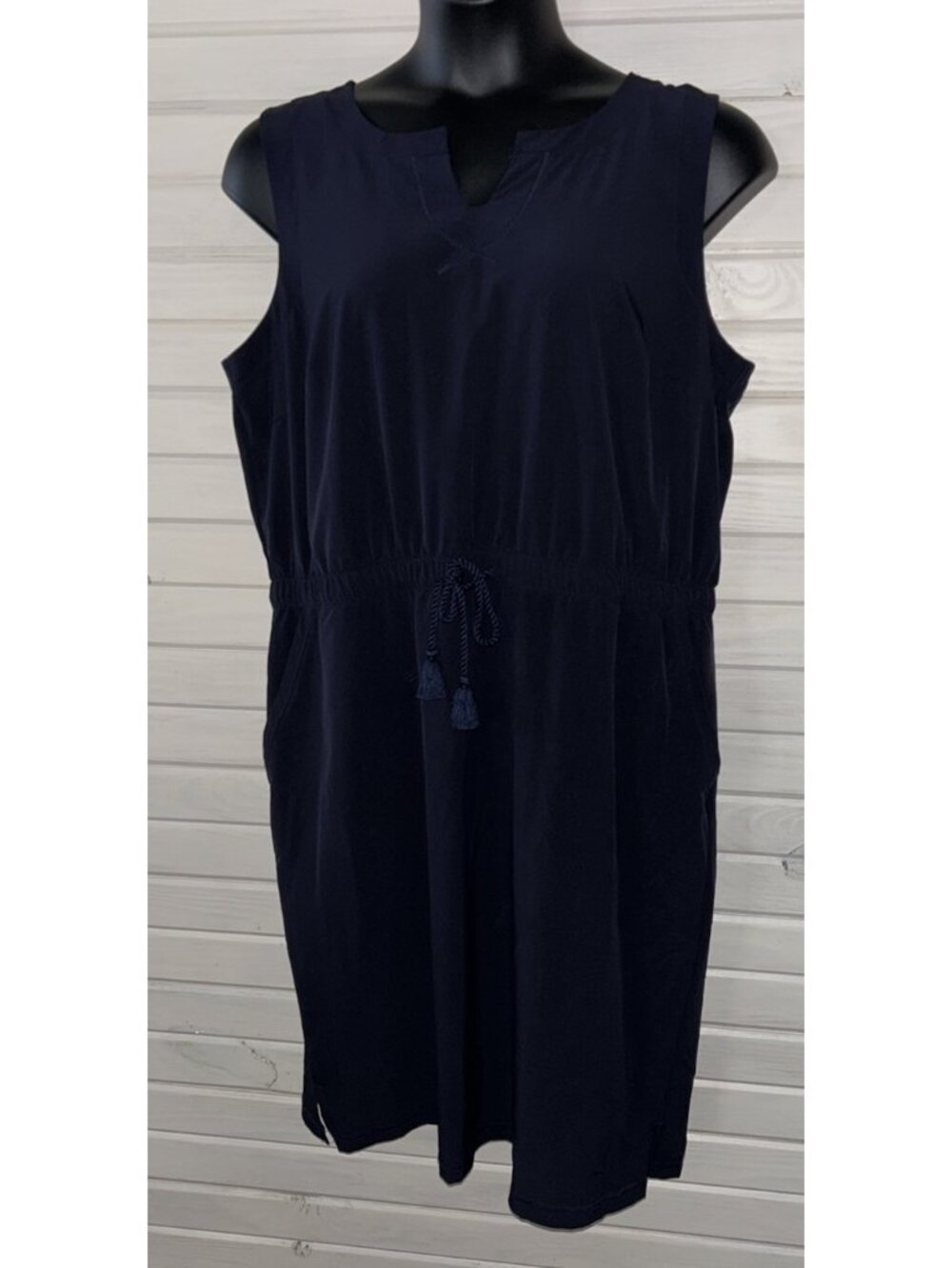 T by Talbots Sz PLUS 1X Navy Blue Sleeveless Dress Pockets Tie Waist UPF 50+